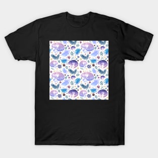 Blue and Purple Cats and Flowers T-Shirt